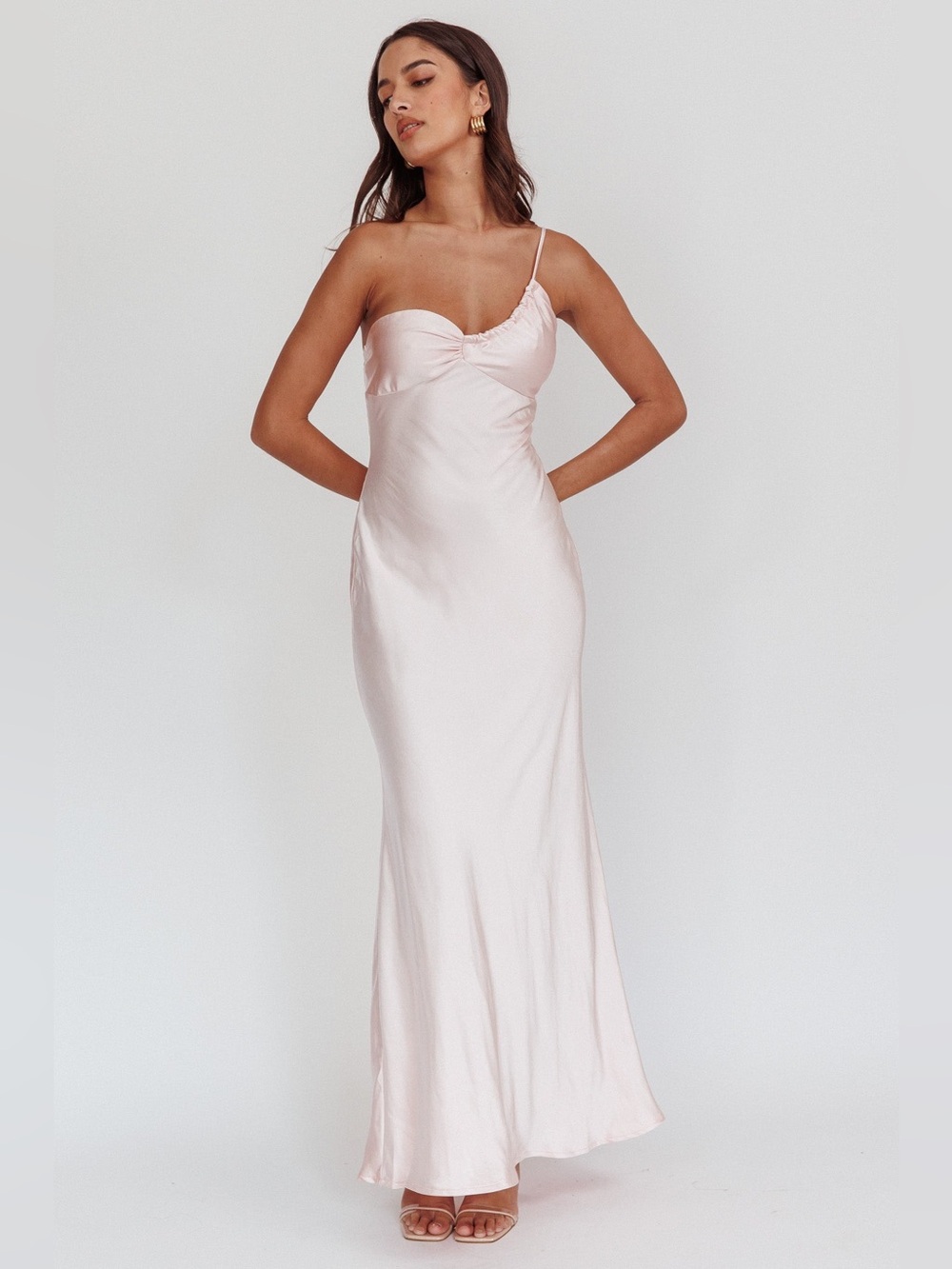 Selfie Leslie Satin One Shoulder Maxi Dress Blush Pink Size S